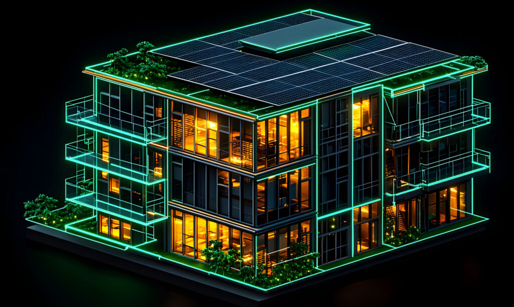 Green building systems displayed in architectural cross-sections and technical diagrams