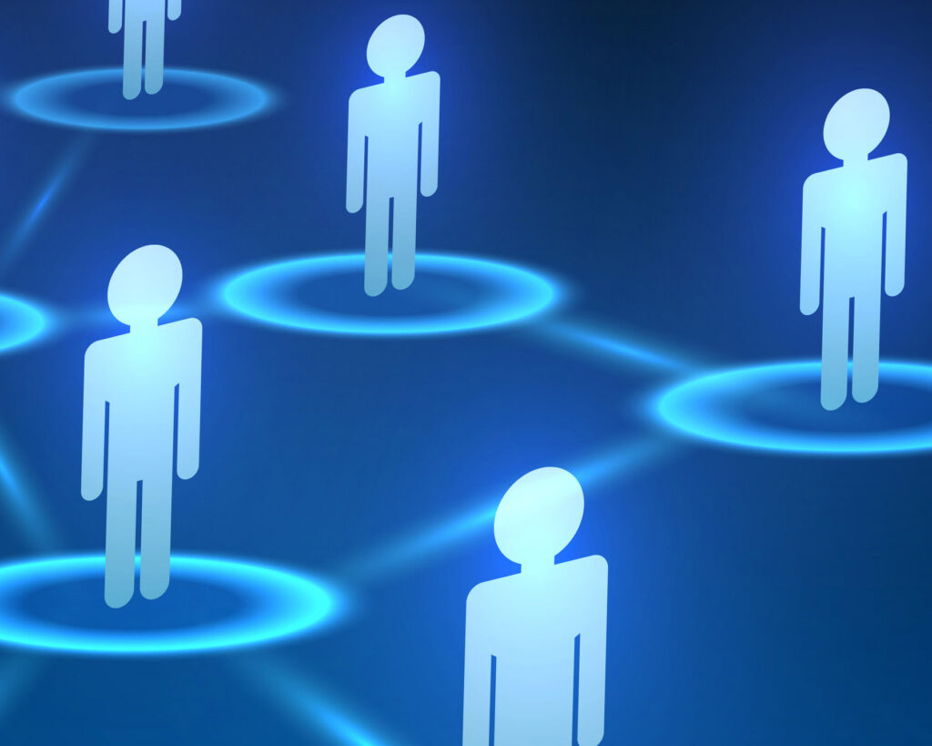 An animated image of people all standing rigidly each within a circle.