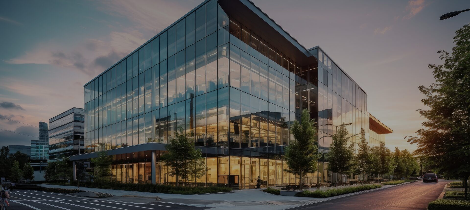Modern office building with a sleek glass facade that epitomizes contemporary architecture.